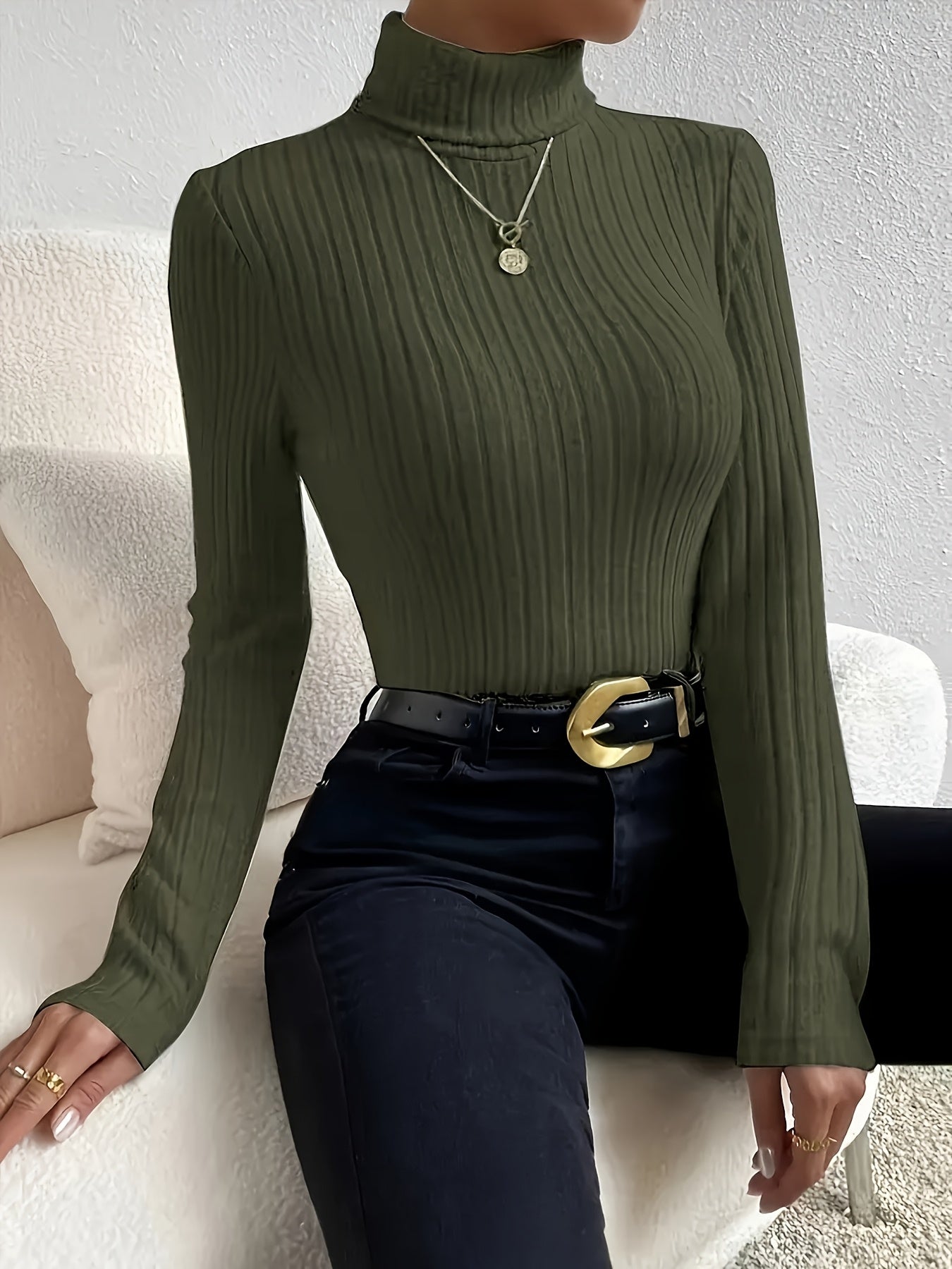 Elegant Women's Long Sleeve Turtleneck Top - Ribbed Knit, Stretchy Polyester Blend, Machine Washable - Perfect for Fall/Winter